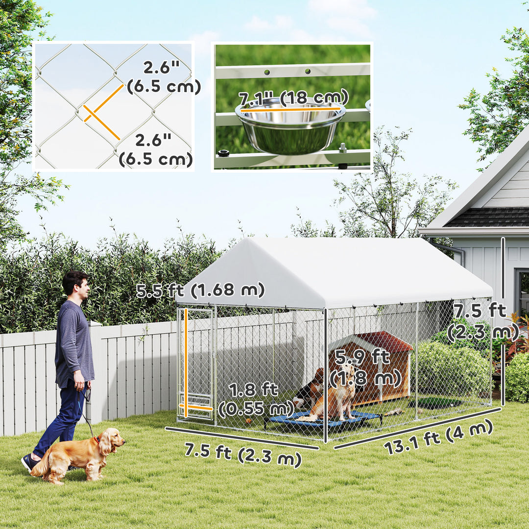 PawHut Outdoor Dog Run with Adjustable & Rotatable Bowls, Waterproof UV-Resistant Cover, Escape-Proof Lock, 13.1' x 7.5' x 7.5'