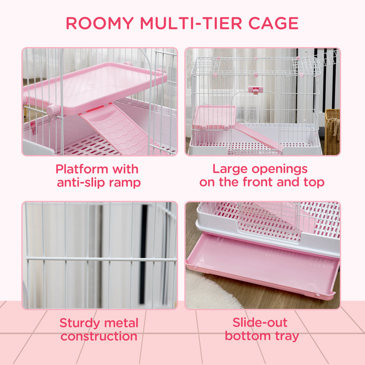 PawHut 32"L 2-Level Small Animal Cage with Universal Lockable Wheels, Pink