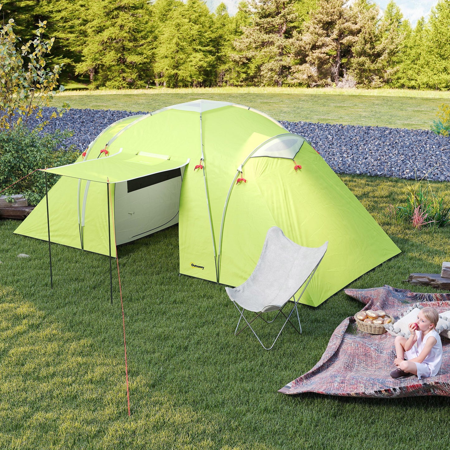 Outsunny 4-6 Person Camping Tent, 2000mm Waterproof Tunnel Tent with 2 Bedrooms, Living Area, Vestibule, Lamp Hook and 4 Doors