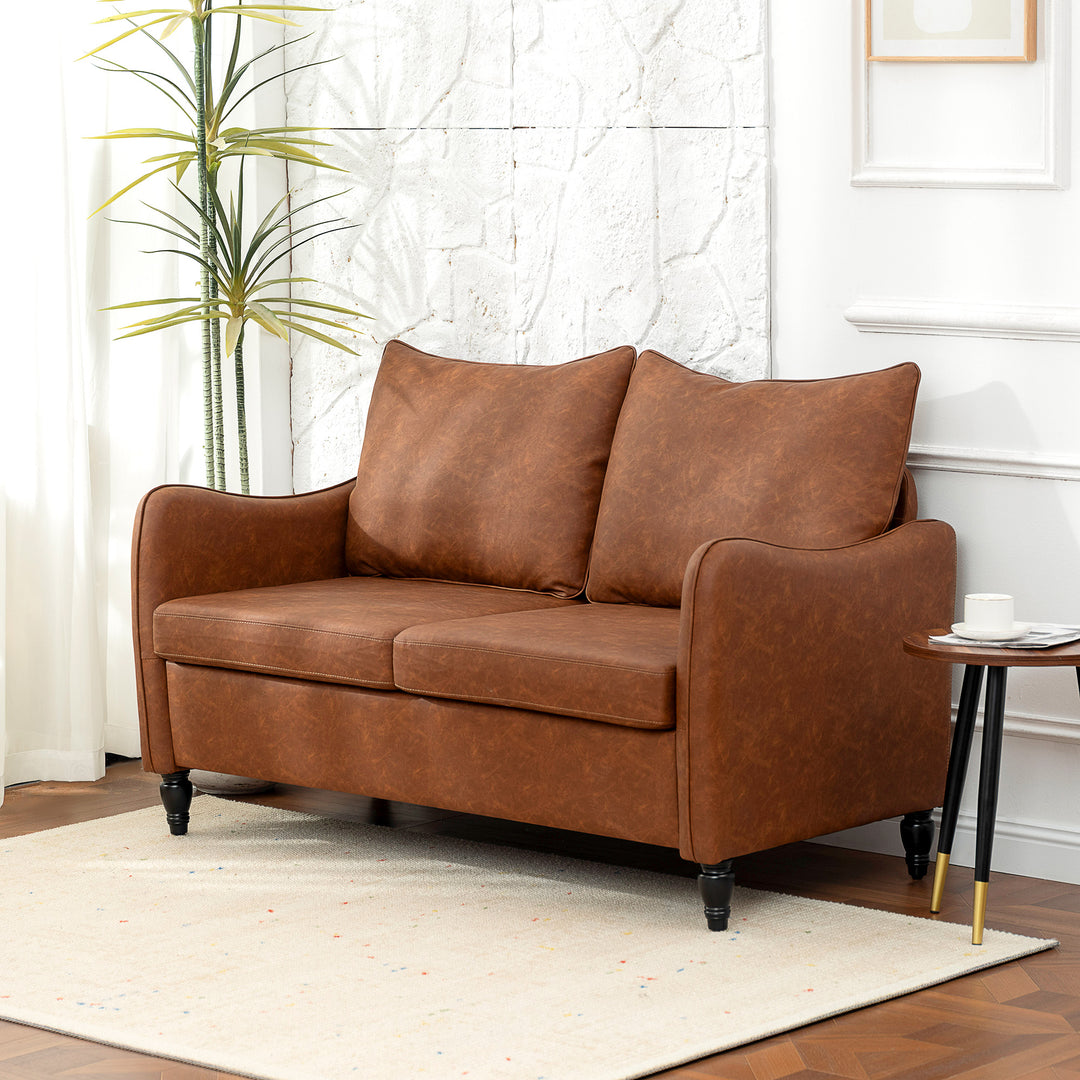 HOMCOM 55" Loveseat Sofa, Small 2 Seater Couch with Solid Wood Legs, Modern PU Leather Upholstered Sofa for Small Spaces, Brown