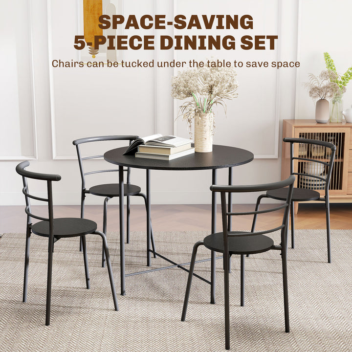 HOMCOM 5 Piece Dining Table Set, Space Saving Round Dining Set for 4 with Metal Frame for Small Spaces, Black Wood Grain