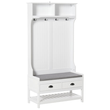 HOMCOM Coat Rack Shoe Bench, Hall Tree with Bench and Shoe Storage, Entryway Bench with 4 Hooks, 2 Drawers, 2 Shelves, White