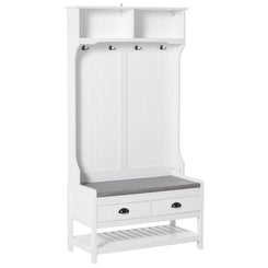HOMCOM Coat Rack Shoe Bench, Hall Tree with Bench and Shoe Storage, Entryway Bench with 4 Hooks, 2 Drawers, 2 Shelves, White