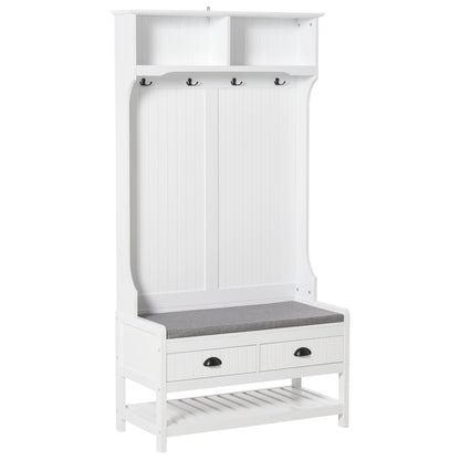 HOMCOM Coat Rack Shoe Bench, Hall Tree with Bench and Shoe Storage, Entryway Bench with 4 Hooks, 2 Drawers, 2 Shelves, White