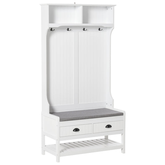 HOMCOM Coat Rack Shoe Bench, Hall Tree with Bench and Shoe Storage, Entryway Bench with 4 Hooks, 2 Drawers, 2 Shelves, White