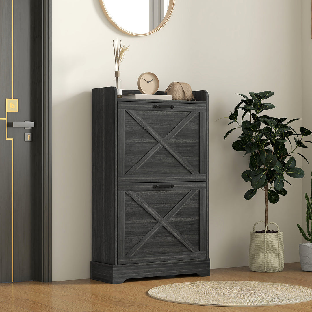 HOMCOM Slim Shoe Storage Cabinet, Farmhouse Shoe Cabinet with 2 Flip Drawers, Adjustable Shelves for 8 Pairs, Distressed Grey