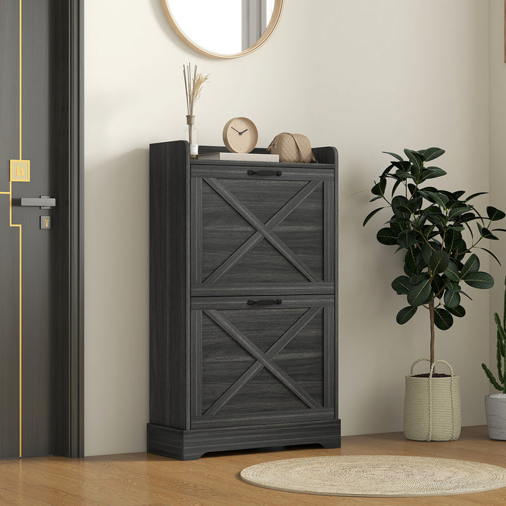 HOMCOM Slim Shoe Storage Cabinet, Farmhouse Shoe Cabinet with 2 Flip Drawers, Adjustable Shelves for 8 Pairs, Distressed Grey