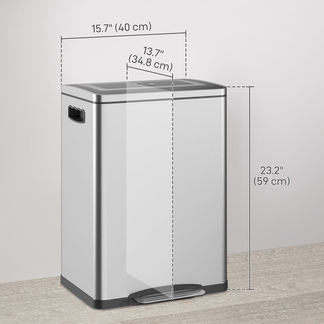 HOMCOM 2 x 20 Liter Garbage Bin, Stainless Steel Garbage Can with Soft-Close Lid and Removable Inner Buckets, Silver