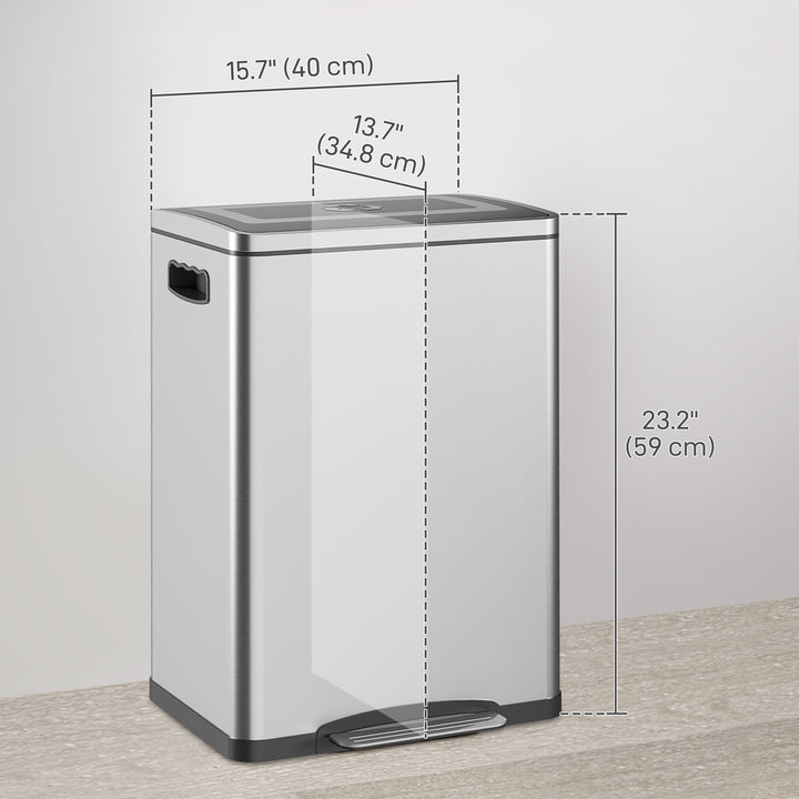 HOMCOM 2 x 20 Liter Garbage Bin, Stainless Steel Garbage Can with Soft-Close Lid and Removable Inner Buckets, Silver