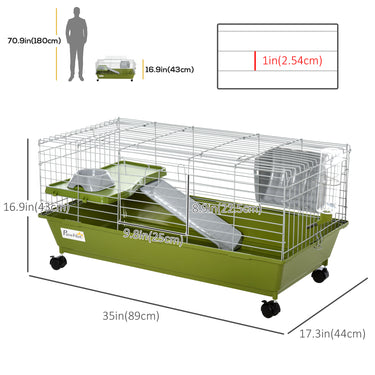 PawHut Small Animal Cage, Rolling Bunny Cage, Guinea Pig Cage with Food Dish, Water Bottle, Hay Feeder, Platform, Ramp, Green