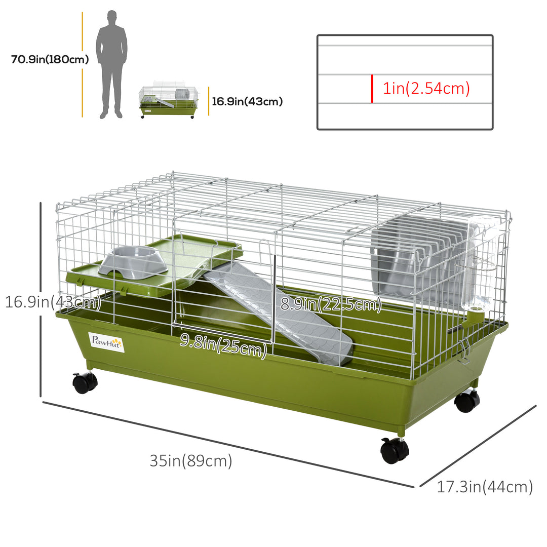 PawHut Small Animal Cage, Rolling Bunny Cage, Guinea Pig Cage with Food Dish, Water Bottle, Hay Feeder, Platform, Ramp, Green