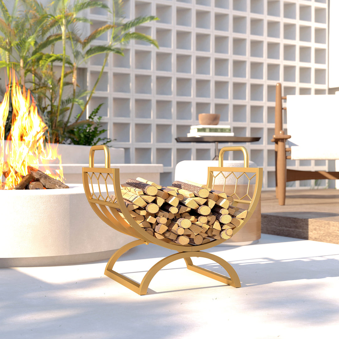 Outsunny Firewood Rack Outdoor, Heavy Duty Log Holder with Handles for Indoor Outdoor Fireplace Storage 18" x 14" x 16", Gold