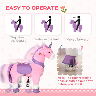 Qaba Ride On Unicorn Walking Horse Mechanical Pony Toy with Wheels Gift for 3-6 Years Girls Boys Pink