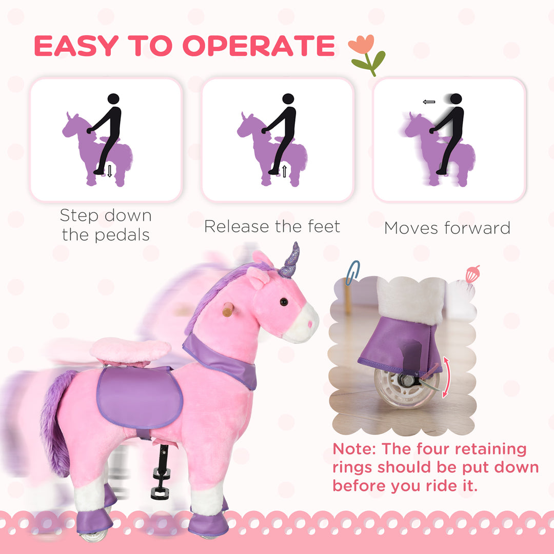 Qaba Ride On Unicorn Walking Horse Mechanical Pony Toy with Wheels Gift for 3-6 Years Girls Boys Pink