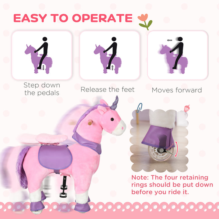 Qaba Ride On Unicorn Walking Horse Mechanical Pony Toy with Wheels Gift for 3-6 Years Girls Boys Pink