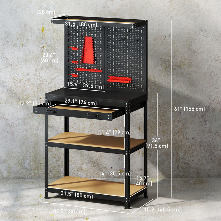 HOMCOM Work Bench with Pegboard, 31.5" Heavy Duty Metal Workbench with Hanging Kits, 2 Lower Shelves and Large Drawer, Black