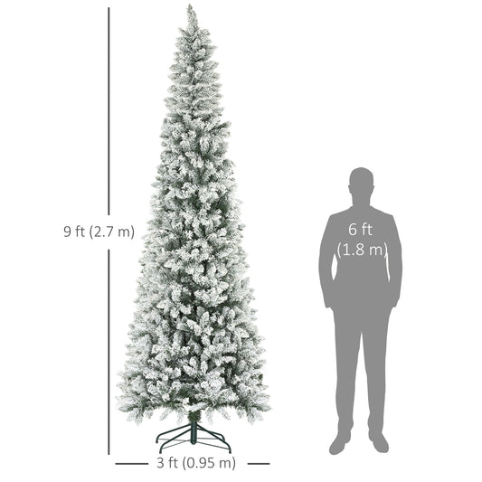 HOMCOM 9ft Pencil Christmas Tree, Flocked Tree with 1277 Branch Tips and Metal Base for Home, Indoor, Holiday
