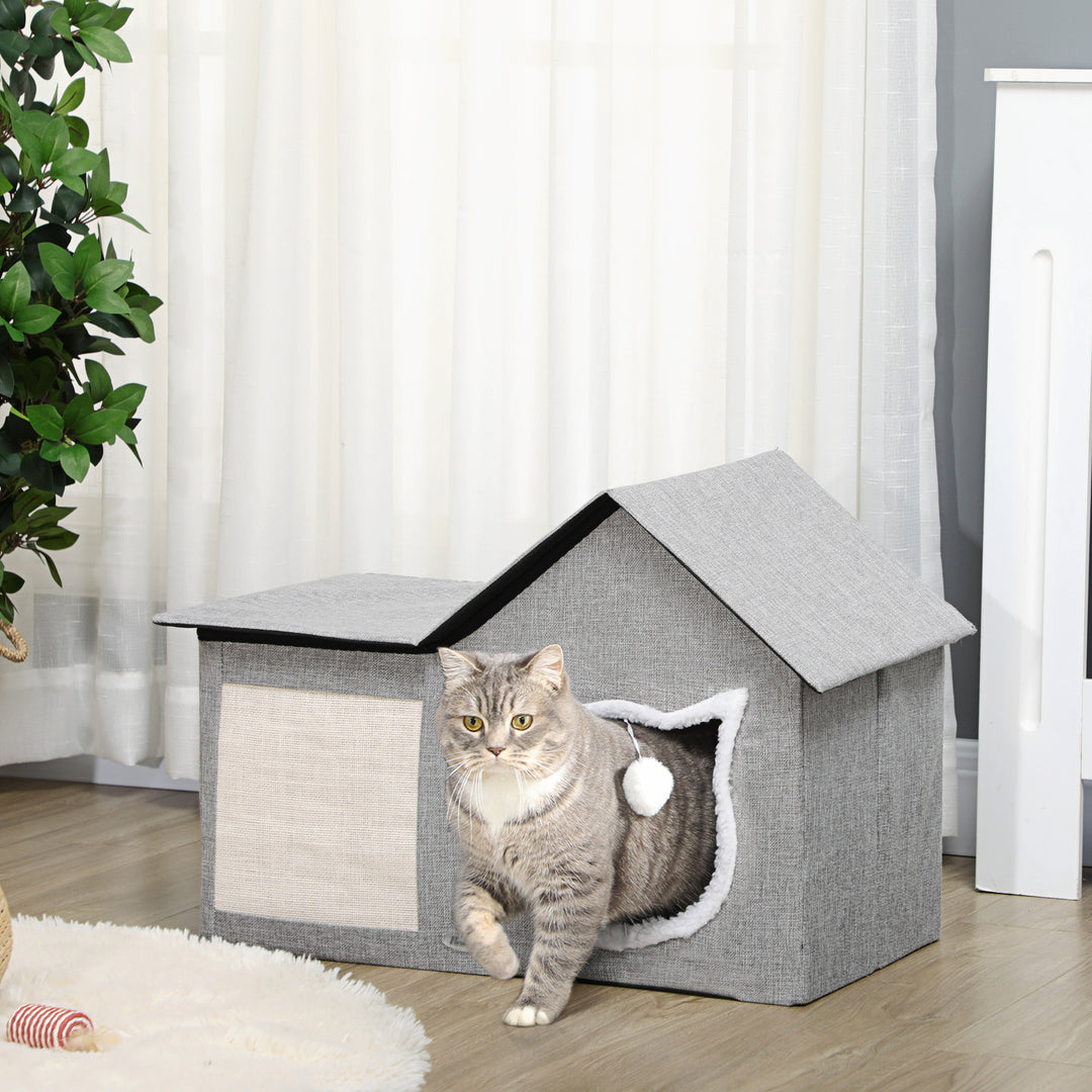 PawHut Large Cat Bed for Indoor, Cat House Hideaway with Soft Cushion, Scratching Pad, Dangling Ball, Dual Entrances, Grey