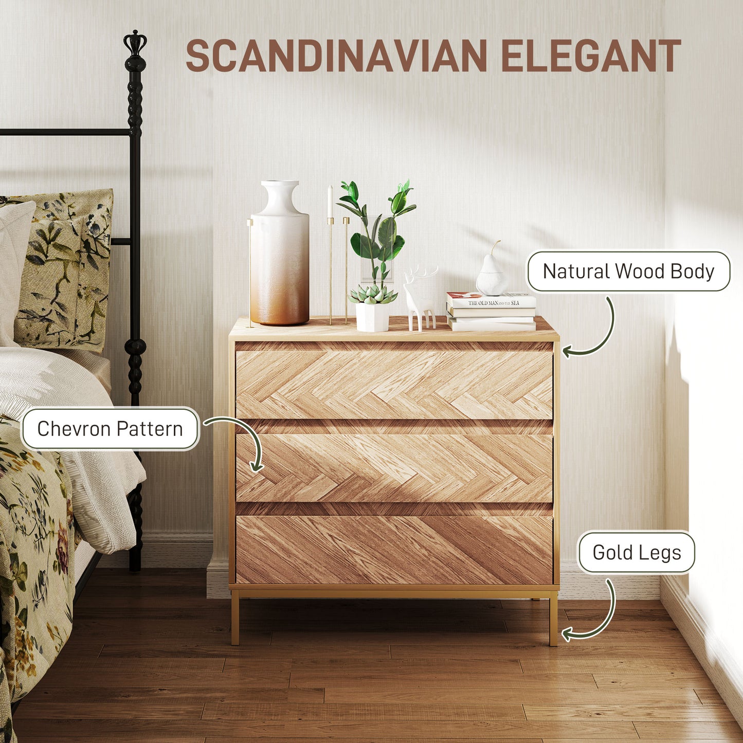 HOMCOM Bedroom Chest of Drawers with Anti-tipping Design, Storage Cabinet with 3 Drawers for Living Room, Hallway, Nature Wood