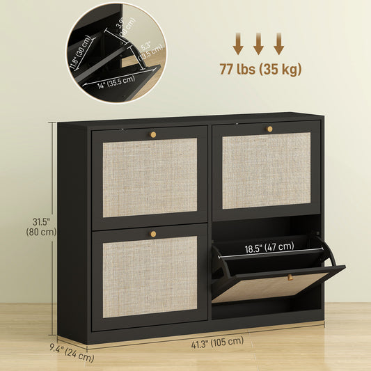 HOMCOM Narrow Shoe Storage Cabinet, Rattan Shoe Cabinet with 4 Flip Drawers and Adjustable Shelves for 20 Pairs, Black