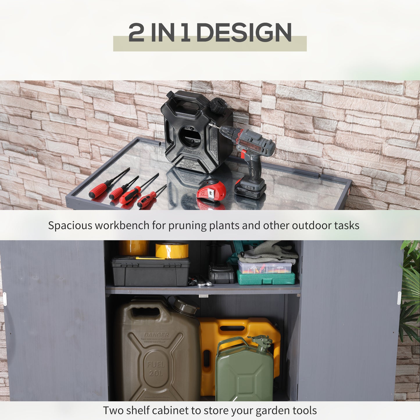 Outsunny Garden Storage Cabinet, Outdoor Tool Shed with Galvanized Top and Two Shelves for Yard Tools or Pool Accessories, Grey