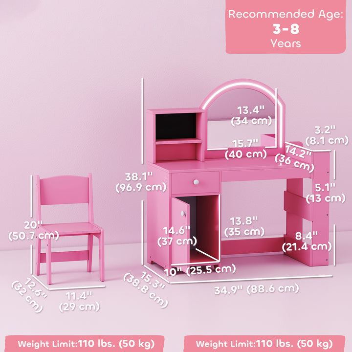 Qaba Kids Vanity Set, Toddler Dressing Table and Chair Set  with Lighted Mirror, Cabinet, Drawer and Shelves, White