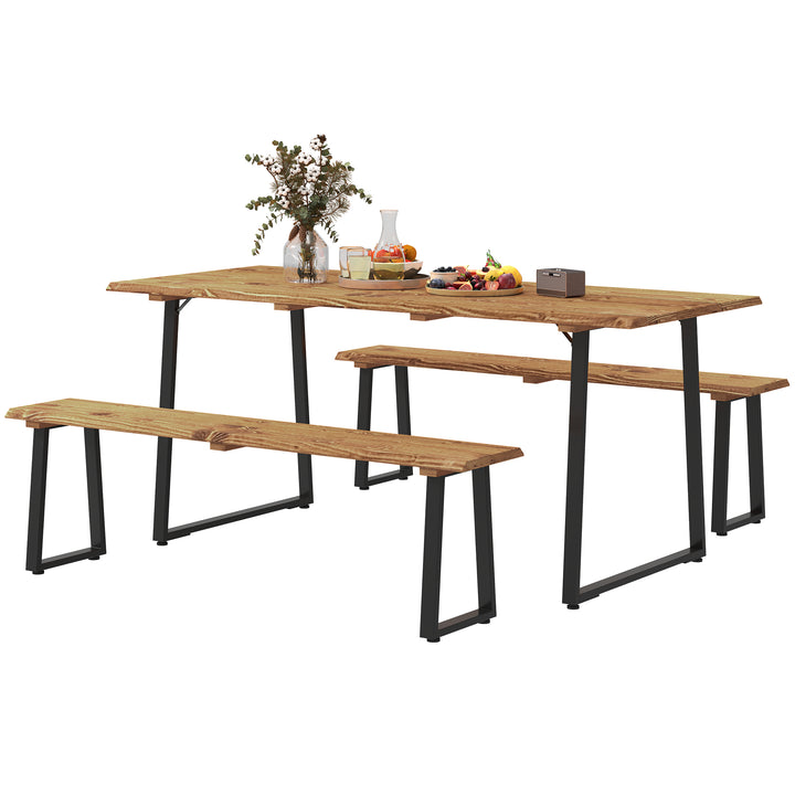 Outsunny Picnic Table and Bench Set for 6 Persons with 2" Umbrella Hole, Slatted Top & Steel Frame, for Party, BBQ, Patio, Lawn