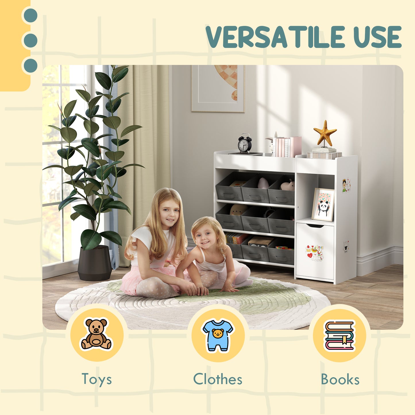 Qaba Toy Storage Organizer with 9 Non-Woven Fabric Boxes, Storage Cabinet & Shelves, for Kids Room, Nursery, Playroom, White