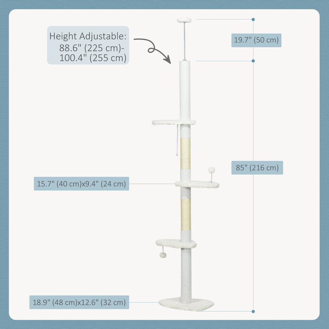 PawHut 88.5"-100.5" Floor to Ceiling Cat Tree, Cat Tower with Scratching Posts, Cloud Shaped Platforms, Dangling Balls, White