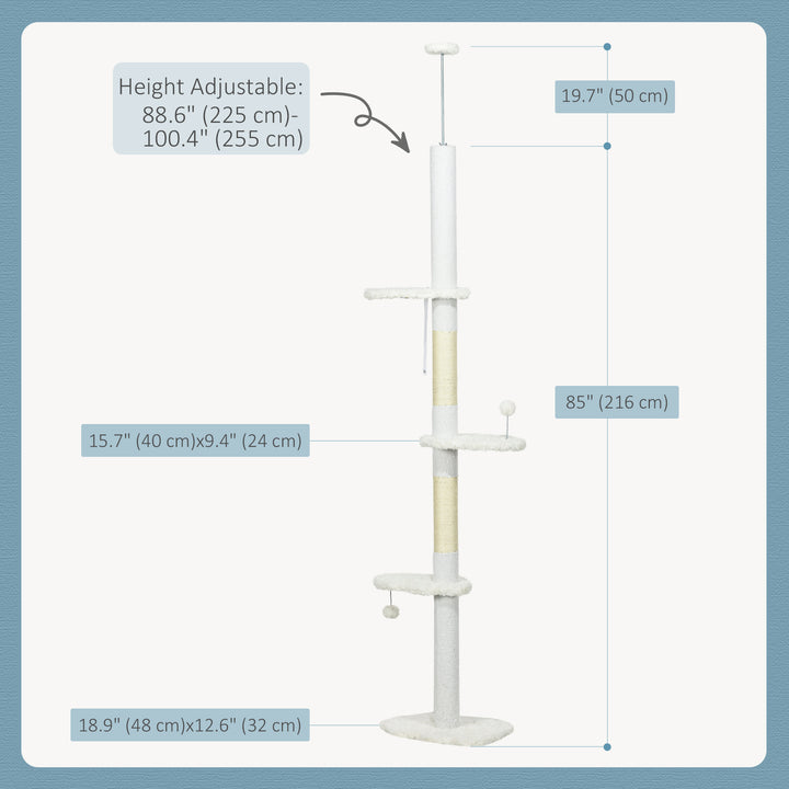 PawHut 88.5"-100.5" Floor to Ceiling Cat Tree, Cat Tower with Scratching Posts, Cloud Shaped Platforms, Dangling Balls, White