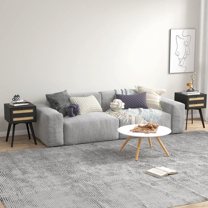 HOMCOM Boho Night Stands Set of 2, Bedside Tables with 2 Rattan Drawers, Square End Tables for Bedroom, Living Room