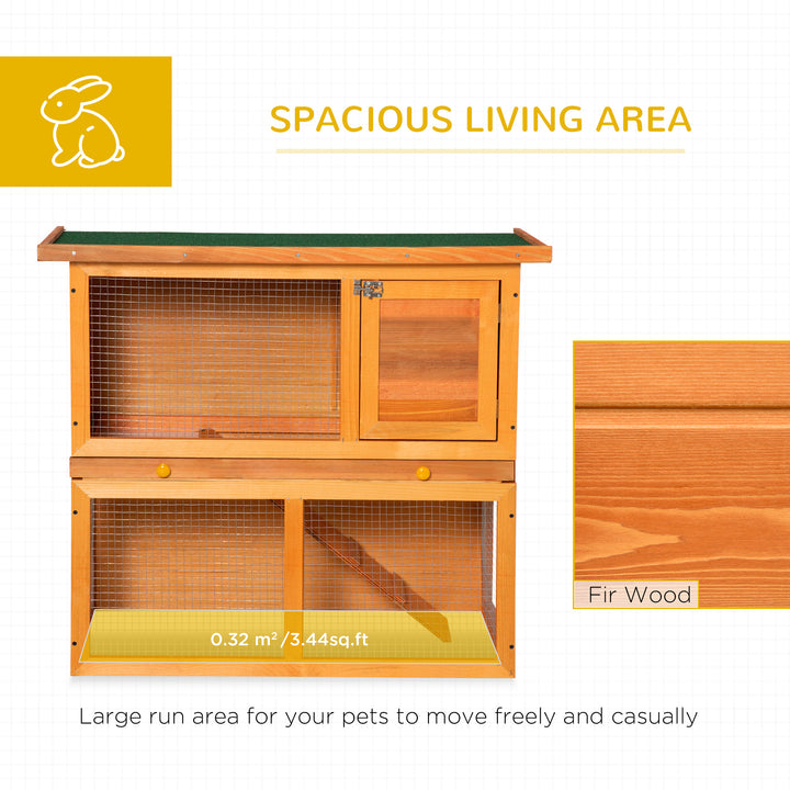 PawHut Wooden Rabbit Hutch, Indoor Outdoor Bunny Cage with Run, 2- Level Guinea Pig House with Slide-Out Tray, Waterproof Roof, Yellow