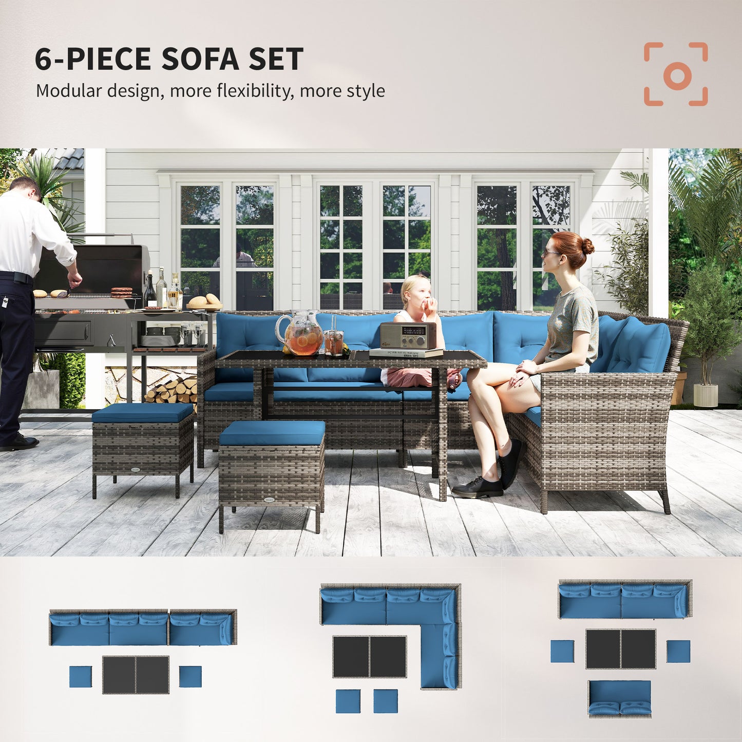 Outsunny 6pcs Outdoor Rattan Sofa Set Garden Wicker Sectional Couch Furniture Set with Dining Table and Chair White