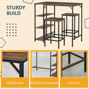 HOMCOM Industrial Dining Table Set for 2, Bar Table and Stools Set, Counter Height Kitchen Table with Chairs with Storage Shelf, Rustic Brown