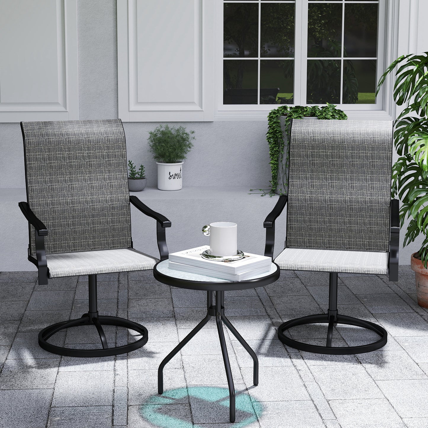 Outsunny Outdoor Swivel Dining Chairs Set of 2, High Back Swivel Chairs with All Weather Mesh for Deck, Backyard, Poolside, Grey
