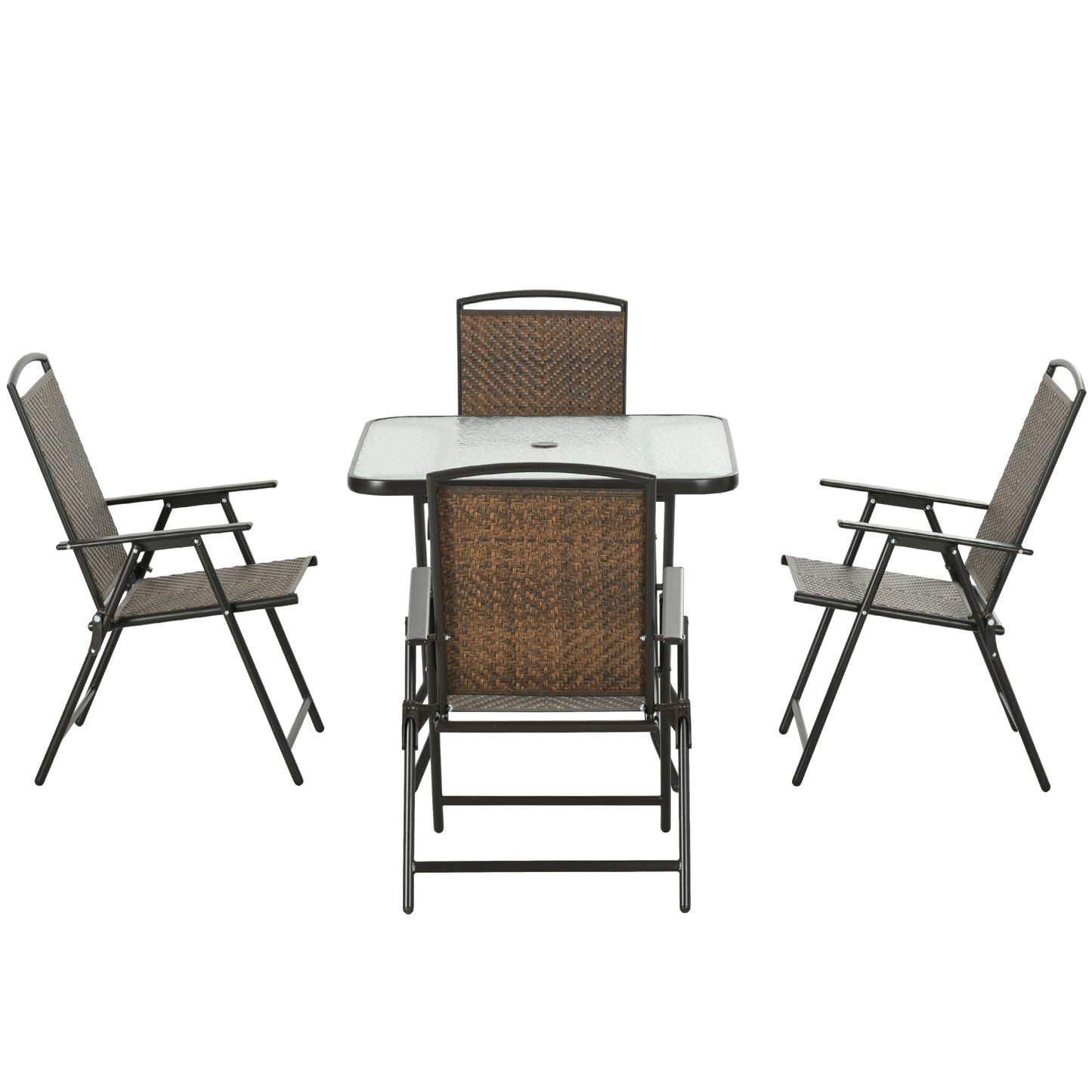 Outsunny 5 Pieces Folding Rattan Patio Table and Chairs for 4 with Umbrella Hole, Tempered Glass Top, Dark Brown