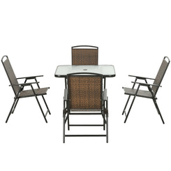 Outsunny 5 Pieces Folding Rattan Patio Table and Chairs for 4 with Umbrella Hole, Tempered Glass Top, Dark Brown