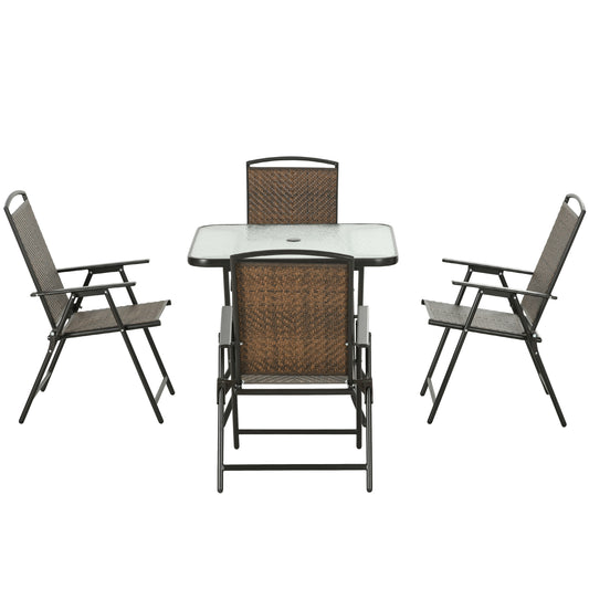 Outsunny 5 Pieces Folding Rattan Patio Table and Chairs for 4 with Umbrella Hole, Tempered Glass Top, Dark Brown