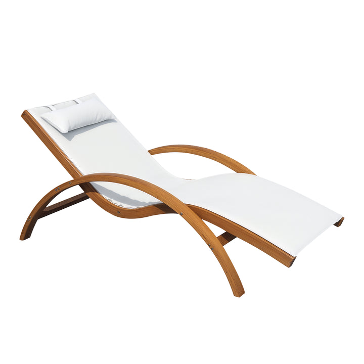 Outsunny Outdoor Wood Sling Chaise Lounge Reclining Garden Mesh Lounger Patio Chair with Headrest Cream