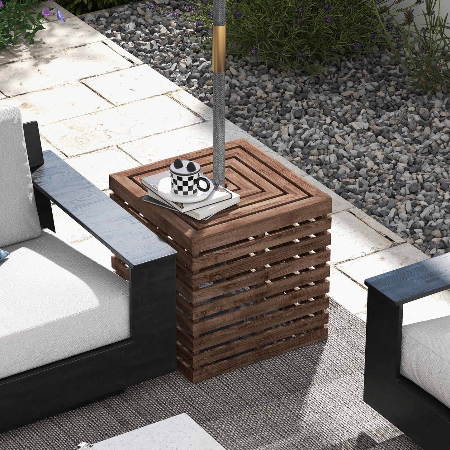 Outsunny 2-in-1 Outdoor Umbrella Base Storage Box Wooden Patio Side Table, Brown