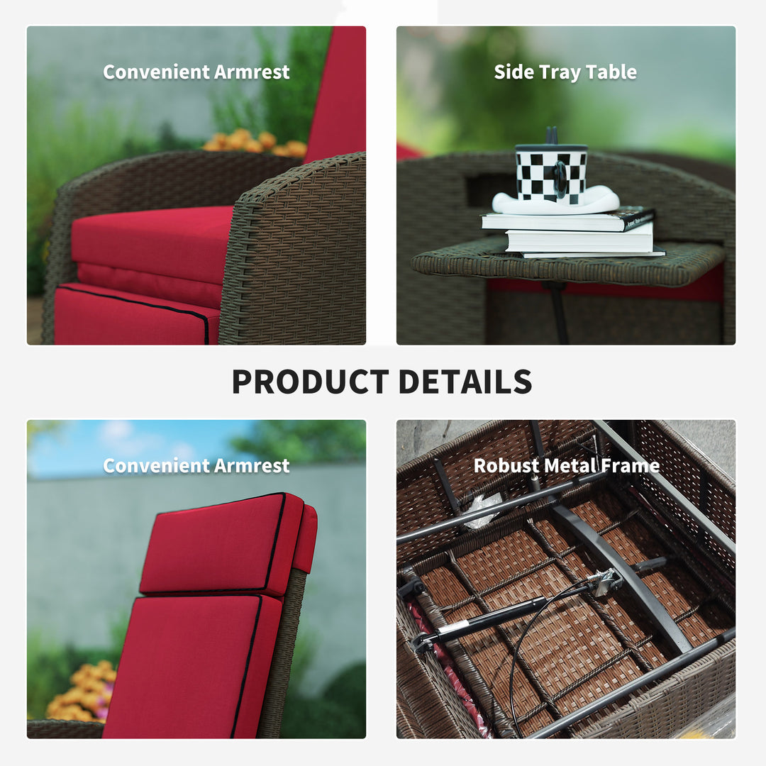 Outsunny Outdoor Recliner Chair with Adjustable Backrest, Cushion, Side Tray, Wine Red