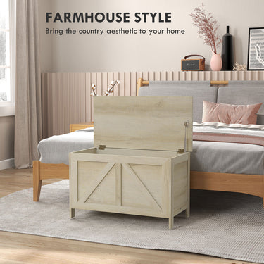 HOMCOM Storage Trunk Box Organizer with Farmhouse Panel Safety Hinge to Open Up 100° Natural