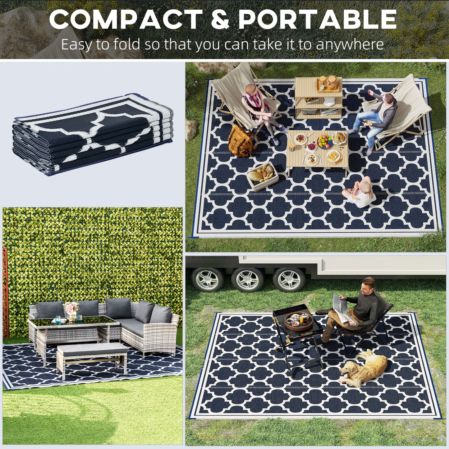 Outsunny 9'x12' Reversible Outdoor RV Rug, Patio Floor Mat, Plastic Straw Rug for Backyard, Deck, Beach, Camping, Black