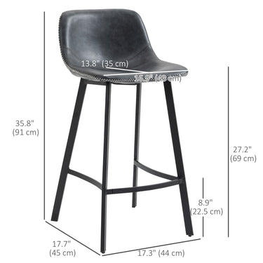 HOMCOM Counter Height Stools Set of 2, Upholstered Kitchen Stool with Back and Steel Legs