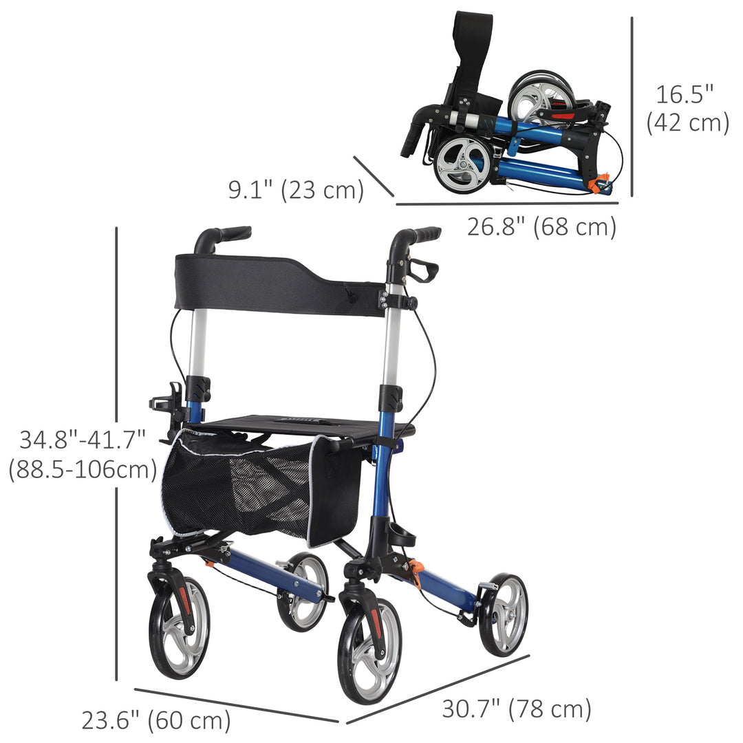 HOMCOM Lightweight Folding Rolling Walker with Large Seat, Back, Adjustable Handle, Bag, Dual Brake, Cane Holder, Red