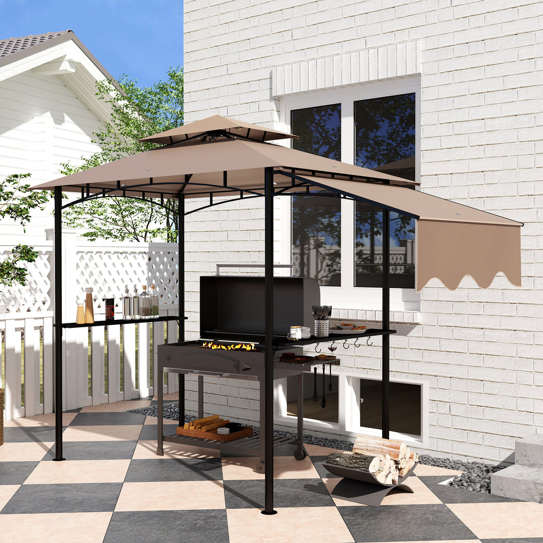 Outsunny 8' x 5' Grill Gazebo, Double Tiered Barbecue Grill Gazebo Shelter with Side Awning, 2 Side Shelves, 6 Hooks, Khaki