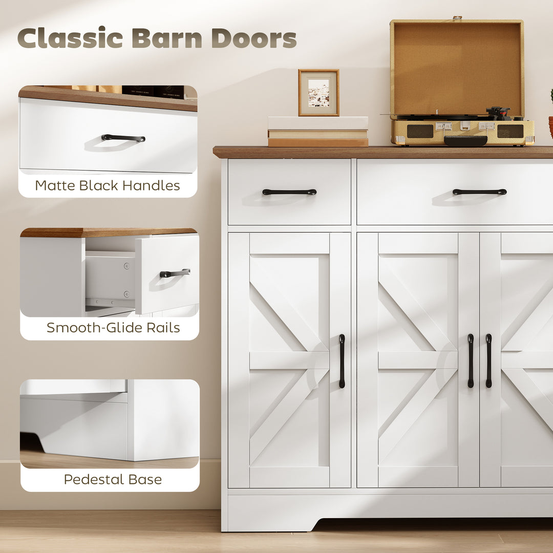 HOMCOM 47" Buffet Cabinet with Soft-Close Hinges, Farmhouse Sideboard with 3 Drawers, Adjustable Shelves and Spice Racks, White