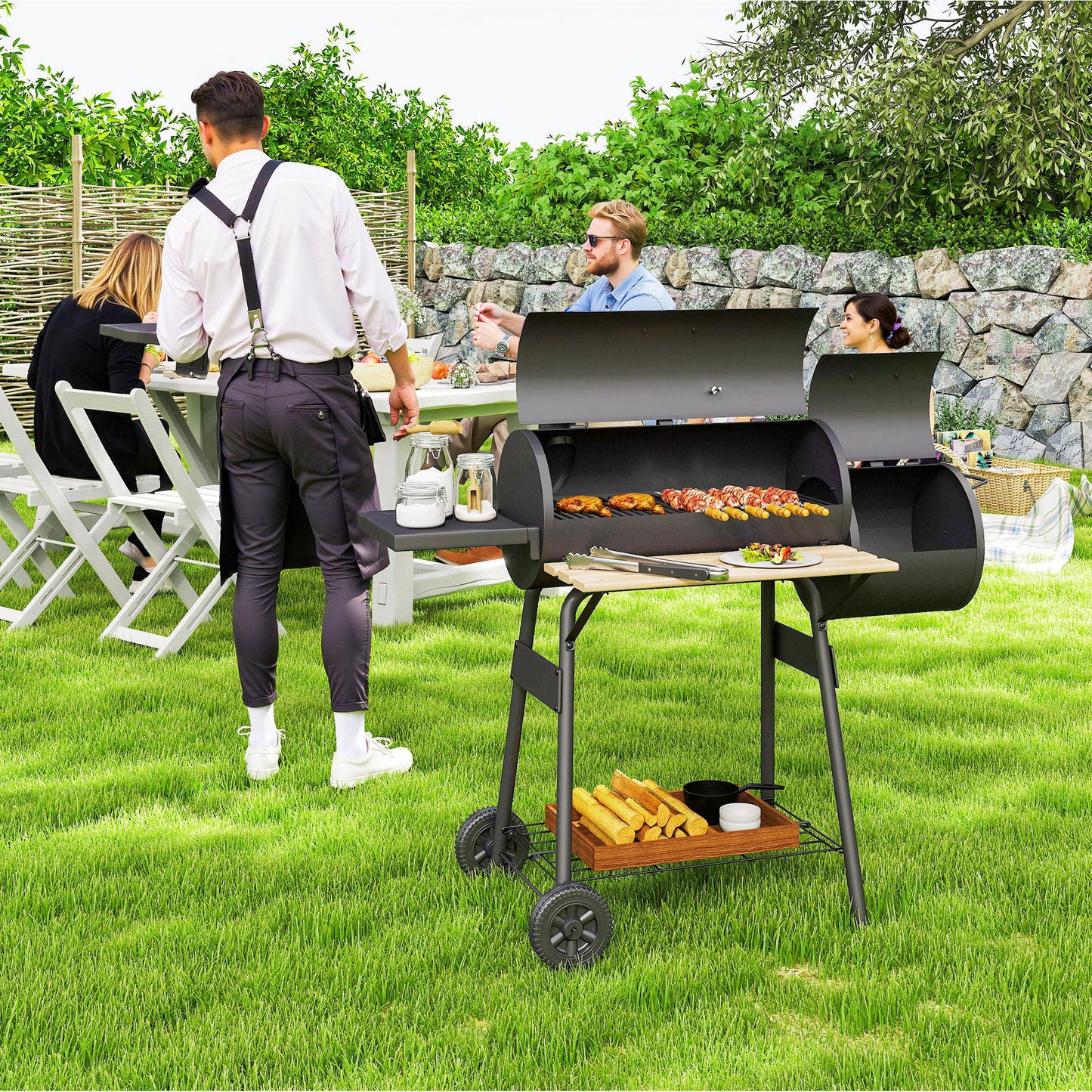 Outsunny 49" Charcoal BBQ Grill with Offset Smoker Portable Backyard Cooking Smoker Outdoor Camp Picnic Barbecue Cooker with Thermometer Wheels and Storage Shelves
