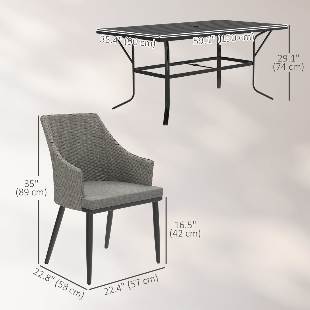 Outsunny 7 Piece Wicker Patio Furniture Set with Cushions, Umbrella Hole, Slatted Table Top, for Backyard, Porch, Garden, Balcony