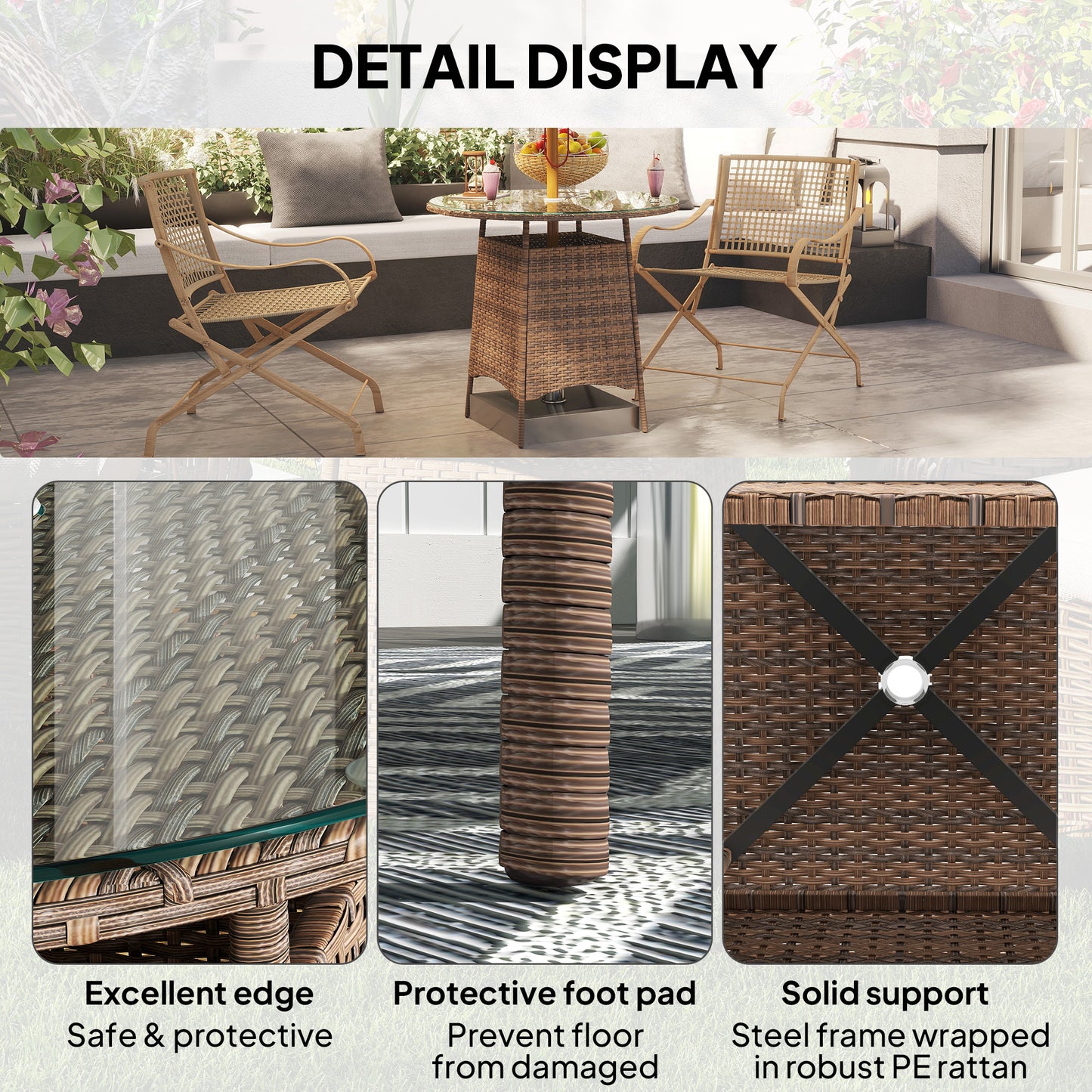 Outsunny 31.5" Outdoor Round Patio Table with Umbrella Hole, Bistro Coffee Table with Tempered Glass Top for Garden, Brown